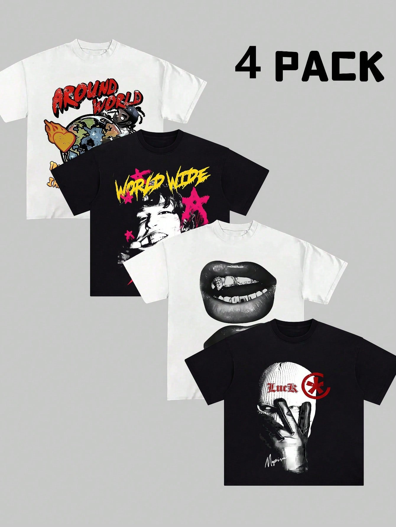 4-Pack 100% Cotton Graphic Tees For Men, Streetwear Style, Fashion Prints, Casual Short Sleeve Shirts Mixed Colors