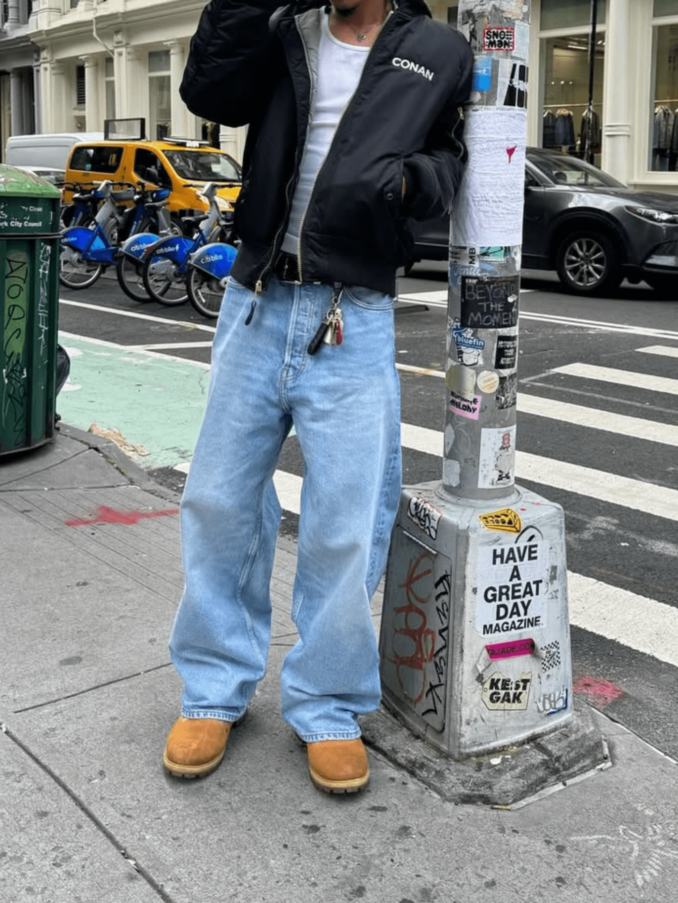Men's Light Blue Washed Vintage Street Style Loose Fit Straight Leg Jeans, Emo Style Mint Blue