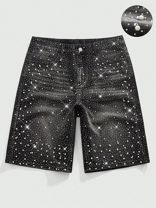 ROMWE MEN Street Life Spring/Summer Casual Men'S Pearl & Diamond Embellished Loose Denim Shorts Dark Grey